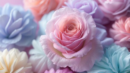 Fototapeta premium A soft arrangement of pastel flowers, featuring delicate roses and blossoms in shades of pink, lavender, and blue, creating a serene and romantic atmosphere.