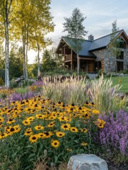 Beautiful flower garden surrounding a rustic log cabin home