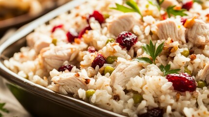 Close-up of rice with savory turkey and cranberry stuffing. Featuring turkey mixed with cranberries and spices, served over rice. Emphasizing a festive, flavorful dish. Ideal for holiday recipes.