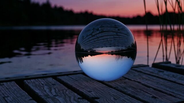 Crystal ball reflecting serene lake at sunset on wooden pier, tranquil nature concept