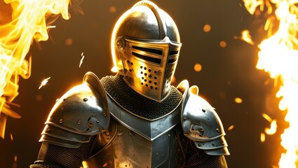 Fototapeta premium medieval knight, shining armor, golden helmet, intense flames, dramatic lighting, fiery background, sparks flying, epic fantasy, detailed metalwork, heroic pose, cinematic composition, high contrast, 