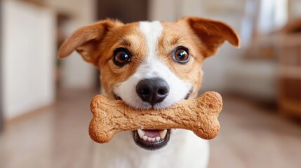 A cheerful dog proudly holding a bone in its mouth, radiating joy and personality, symbolizing the happiness pets bring into our daily lives.