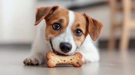 An endearing puppy happily chewing on a bone, showcasing the playful and innocent nature of pets that bring joy and companionship to our lives.