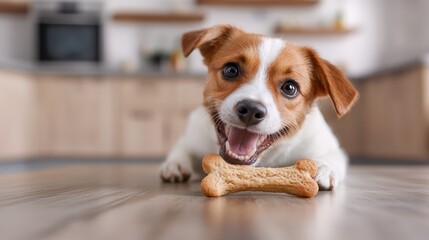 A joyful dog holding a bone treat, radiating excitement and warmth, capturing the heart of pet ownership in a cozy indoor environment.