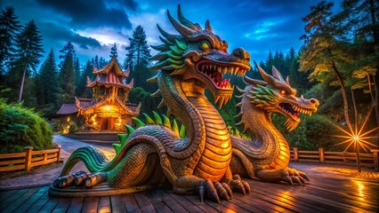 Fototapeta premium Night Photography: Mystical Wooden Zmey Gorynych Figurine in Sochi's Berendeyevo Kingdom