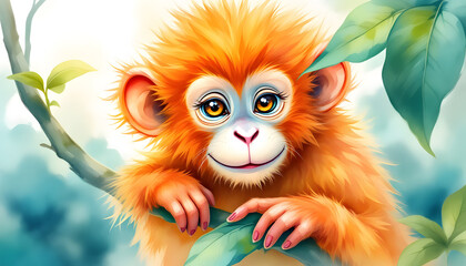 Adorable Orange Monkey on Branch: Digital Painting of a Cute Primate