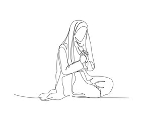 Arab woman kneeling and praying one line art. Continuous line drawing of online Muslims, Islam, traditions, clothing, folk, oriental.