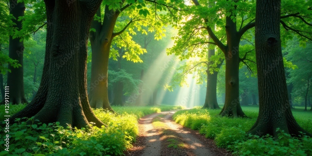 Poster Sunlit Path Through a Verdant Forest, Illuminated by Beams of Light Filtering Through Lush Canopies of Trees, Creating a Serene and Tranquil Atmosphere