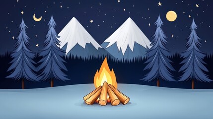 Cozy Campfire Scene in a Starry Night with Mountains and Pine Trees Illustration