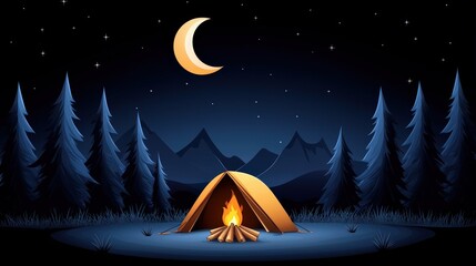 Cozy Camping Scene with Tent and Campfire Under Moonlight in a Serene Wilderness Setting
