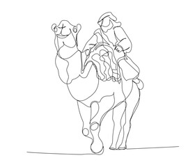 Arab man riding a camel, Bedouin wearing a keffiyeh one line art. Continuous line drawing of online Muslims, Islam, traditions, clothing, folk, oriental.