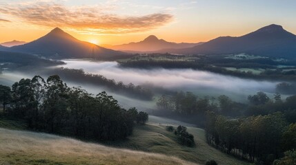 Sunrise Valley Mist Mountains Landscape