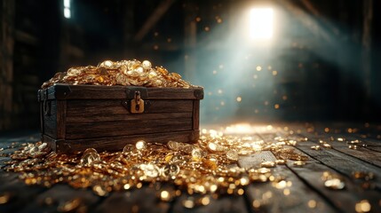 A magnificent treasure chest overflowing with glimmering golden coins, creating a scene that evokes dreams of adventure, prosperity, and the allure of hidden treasures.