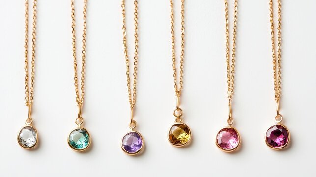 A collection of delicate gold necklaces with small gemstone pendants on a white isolated background