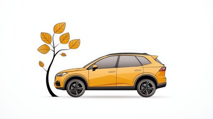 Obraz premium Stylish Yellow SUV Beside a Leafy Tree Illustrating Nature and Urban Life Harmony