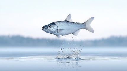 Fototapeta premium Fish Leaping from Water Surface with Splash in Calm Blue Lake at Early Morning Light