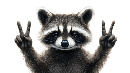 Obraz premium Playful Raccoon Making Peace Sign Gesture with Two Fingers While Smiling, Capturing the Fun and Quirky Nature of Wildlife in a Vibrant Illustration