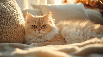 A Himalayan cat lounging on a plush sofa in soft