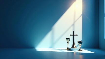 Serene Sanctuary  Cross and Chalices Illuminated by Sunlight in a Tranquil Blue Room