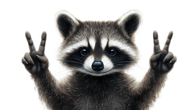 Playful Raccoon Making Peace Sign Gesture with Two Fingers While Smiling, Capturing the Fun and Quirky Nature of Wildlife in a Vibrant Illustration - Powered by Adobe