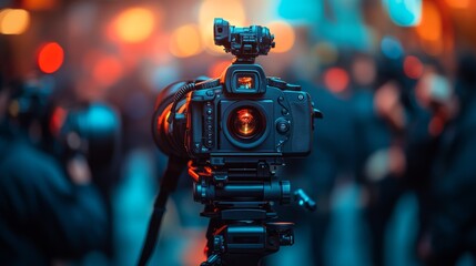 DSLR camera on tripod filming a blurred crowd at night.