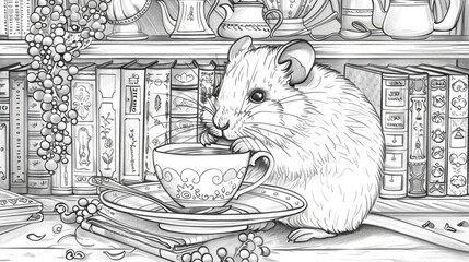 Fototapeta premium A cute hamster sipping tea in an elegant teacup