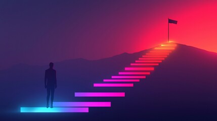 Obraz premium Silhouette of a man ascending colorful steps towards a summit flag at sunset.
