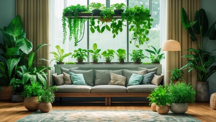 Fototapeta premium A cozy living room filled with lush green plants, featuring a comfortable sofa and large windows that invite natural light.