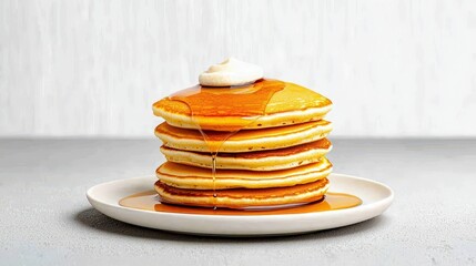 Delicious Stack of Fluffy Pancakes Drizzled with Maple Syrup and Topped with Cream