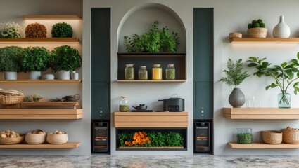 A modern kitchen featuring open shelves with plants, jars, and decor, creating a fresh and inviting atmosphere.