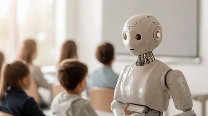 Obraz premium A humanoid robot stands in front of children in a classroom, engaging them in a learning environment, showcasing the integration of technology in education.