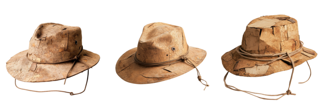 Worn vintage hats on a transparent background isolated rustic nature