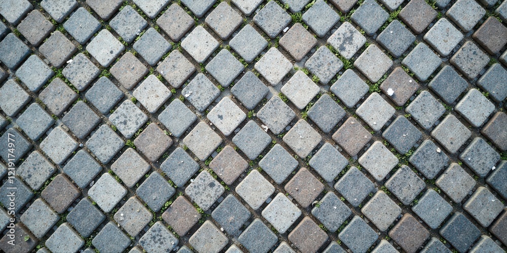 Aufkleber A Detailed Close-Up View of a Patterned Pavement Featuring Interlocking Stone Blocks with Emerging Green Plants