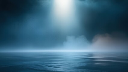 Moonlit ocean, misty seascape, ethereal blue light, foggy horizon, calm waters, mysterious atmosphere, night scene, cinematic lighting, serene mood, dreamlike landscape, silvery reflections, soft focu