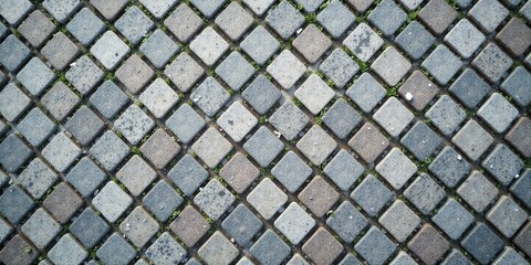 Fototapeta premium A Detailed Close-Up View of a Patterned Pavement Featuring Interlocking Stone Blocks with Emerging Green Plants