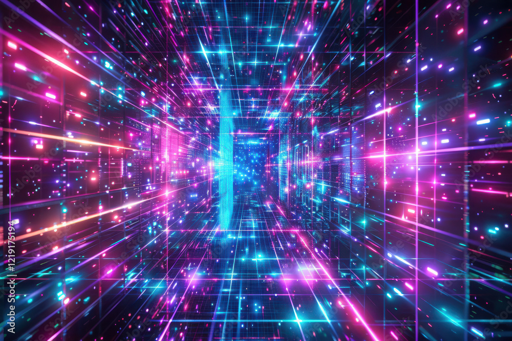 Wall mural close up horizontal abstract glowing illustration of a virtual cyberspace background in the context 