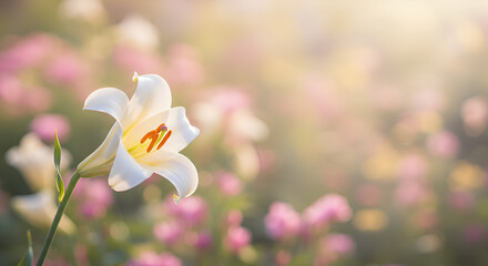 A white lily with graceful, curled petals, focused sharply, with sunlight casting soft shadows and a blurred garden scene behind it.