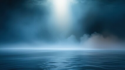 Obraz premium Moonlit ocean, misty seascape, ethereal blue light, foggy horizon, calm waters, mysterious atmosphere, night scene, cinematic lighting, serene mood, dreamlike landscape, silvery reflections, soft focu