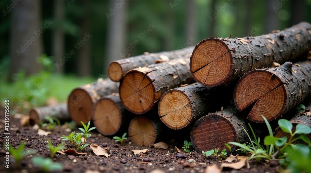 Aufkleber a stack of freshly cut tree logs rests on the forest floor, surrounded by sprouting seedlings, symbo