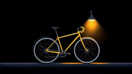 Fototapeta premium Yellow Bicycle Under Street Lamp in Dark Background with Bright Neon Highlights