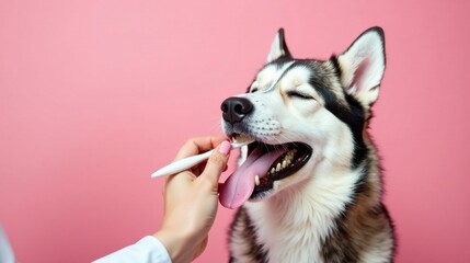 Fototapeta premium Gentle Hands Brushing a Husky's Teeth Against a Soft Pink Background, Promoting Oral Hygiene and Pet Care