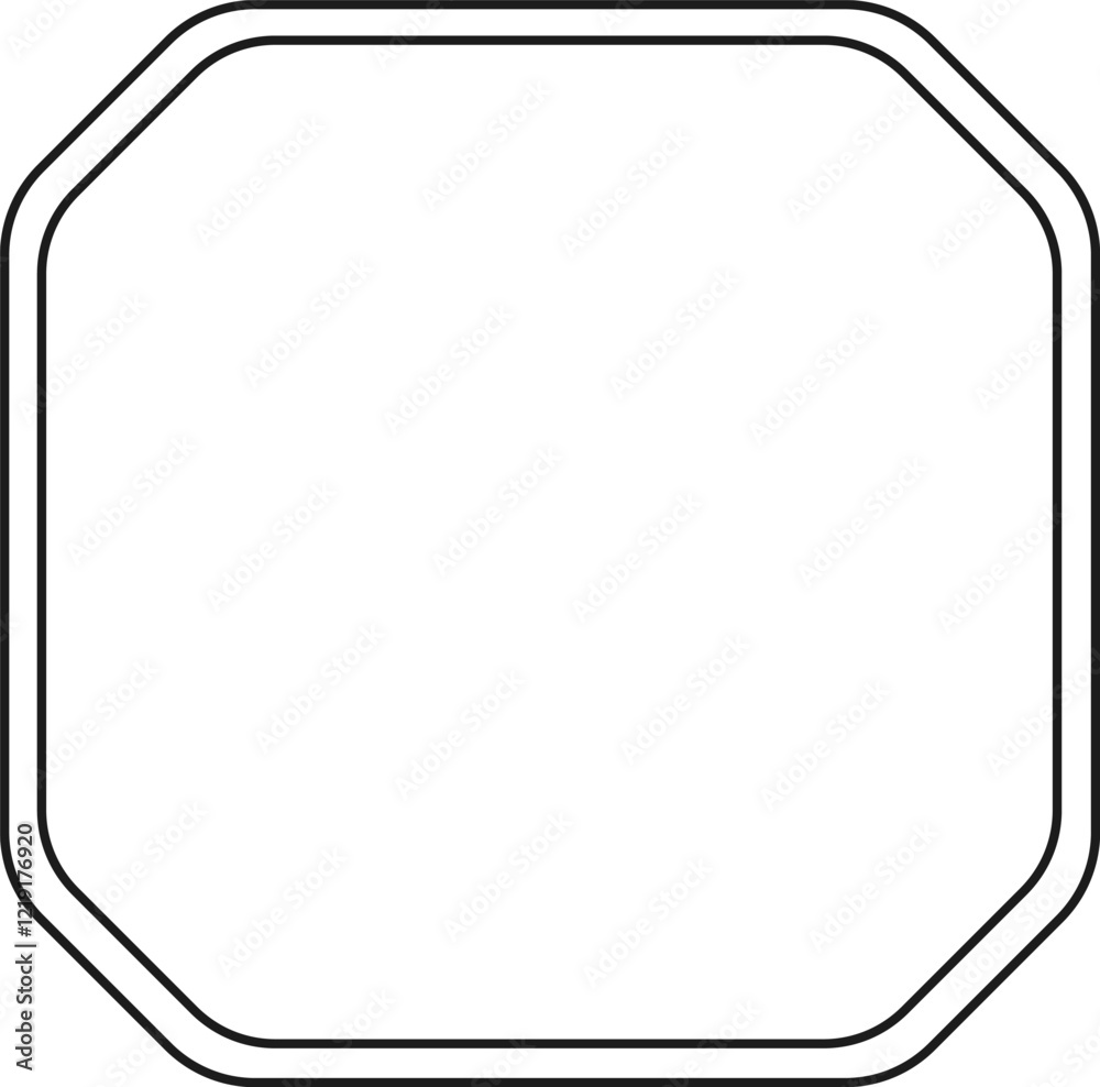 Poster featuring a simple rounded octagon shape with a double border, creating a frame around an empty whit