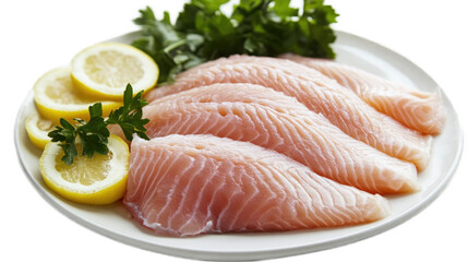 Fresh Raw Fish Fillets on a White Plate Surrounded by Green Herbs and Lemon Slices, Perfect for Culinary Use in Cooking and Food Presentation