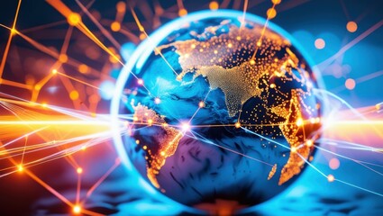 Global network, glowing world map, digital connections, futuristic technology, orange and blue illumination, data visualization, interconnected nodes, global communication, abstract background, techno