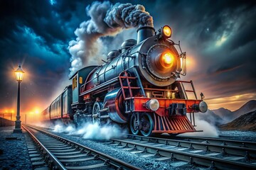 Obraz premium Night Train Departure: Powerful Locomotive Ready to Roll