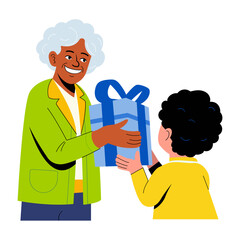 A flat illustration depicting giving grandma gift