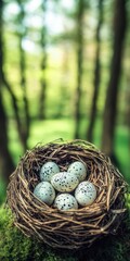 Obraz premium Nest with speckled eggs resting in a green forest