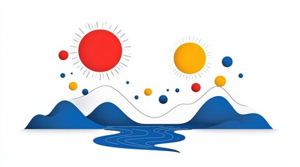 Obraz premium Abstract illustration of mountains, suns, and river in a minimalist art style with vibrant colors