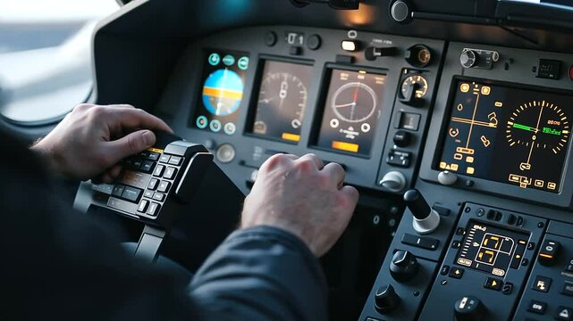 Astronaut practicing docking in spacecraft simulator cockpit