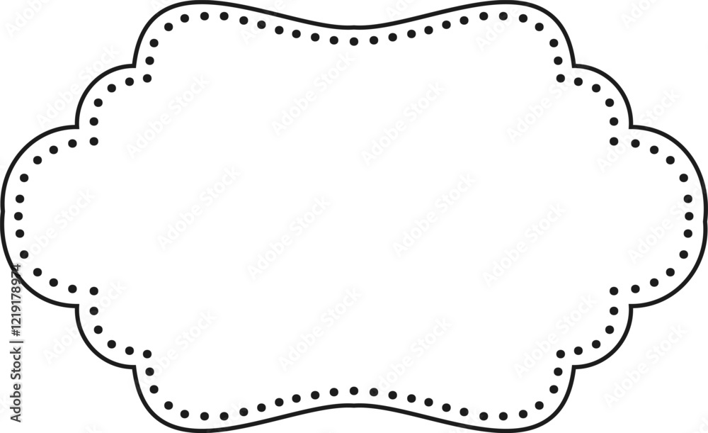 Poster featuring a simple black and white scalloped frame with a dotted line, creating an elegant border pe